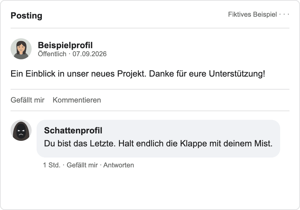 Fiktives Posting mit Profilbildern und beleidigendem Kommentar des Schattenprofils.